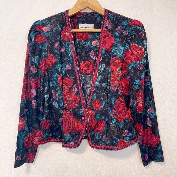 Vintage 80s Floral Print Beaded Trim Blazer Size 12 - Picture 1 of 7